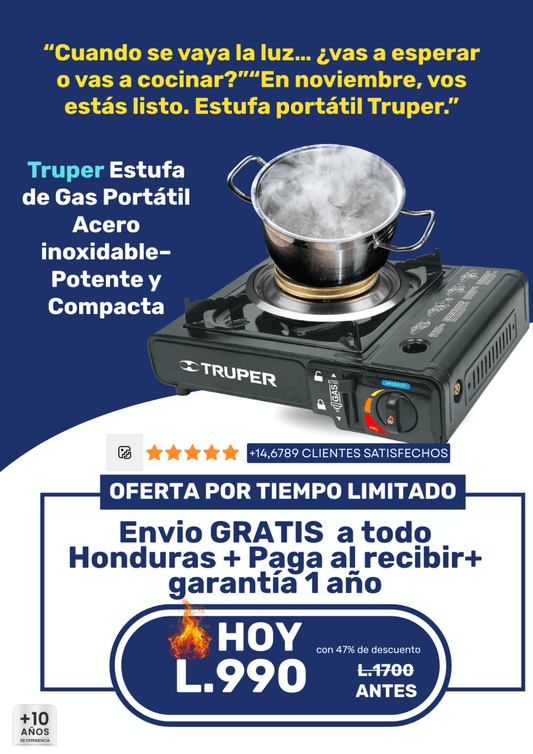 Truper ESPO‑1 Estufa de Gas Portátil Acero Inoxidable– Potente y Compacta - ClickStore Honduras